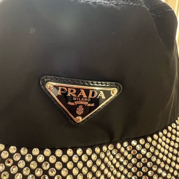 Prada  Logo Plaque embellished crystal nylon bucket hat size medium. NEVER USED - Picture 10 of 11